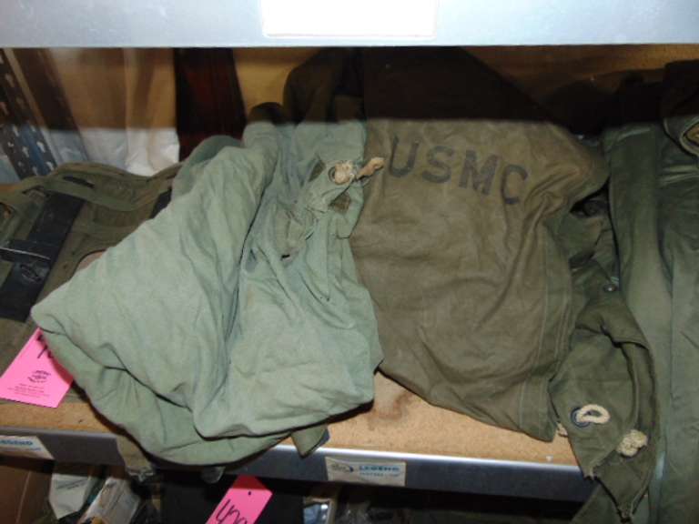 Group: Military winter coat & pants, frame/harness for a AN/PRC-77 portable radio, & other SEE PICS