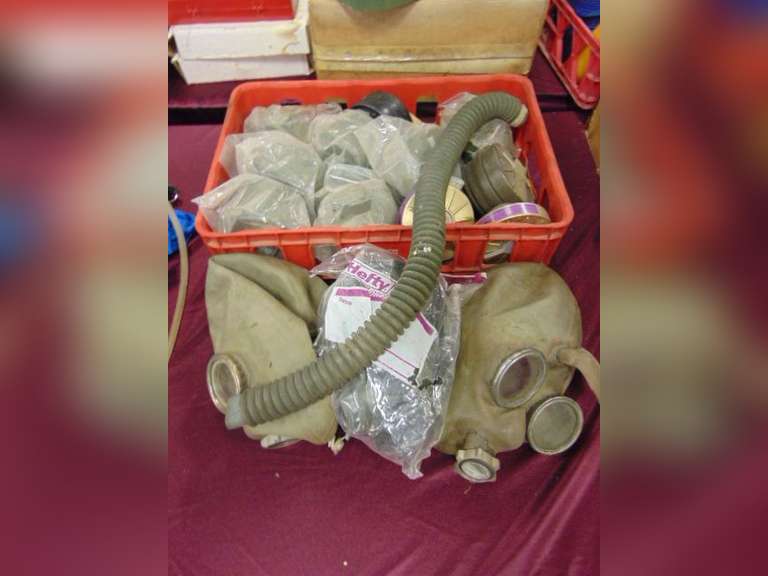 3 gas masks (unknown) & crate with filters SEE PICS - Lindsay Auctions LLC
