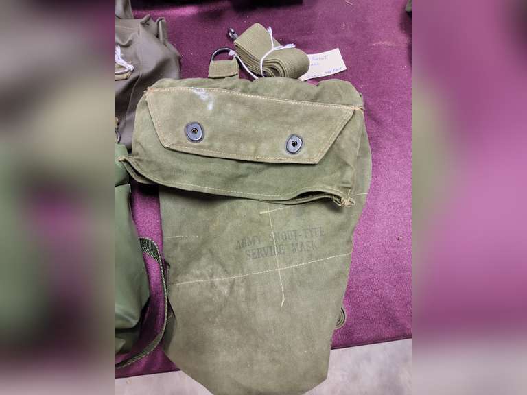 5 empy gas mask bags (some have contents, no masks) -- US, Polish, Korean, Swiss & other