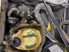 Case with misc: gas masks, hoses, ear protection & other SEE PICS