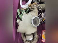 Group: gas masks, filters, US Army patch, NIP Baby Scape Hood, Case of Optical Inserts for M17 CB masks, & other