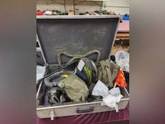 Case with misc: gas masks, hoses, ear protection & other SEE PICS