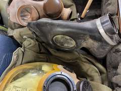 Case with misc: gas masks, hoses, ear protection & other SEE PICS