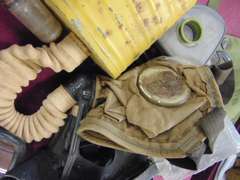 Antique gas mask, parts, bag & others SEE PICS