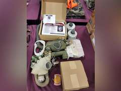 Group: gas masks, filters, US Army patch, NIP Baby Scape Hood, Case of Optical Inserts for M17 CB masks, & other
