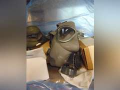 Group misc: various gas masks, measuring tape reel, filters & other items SEE PICS