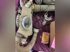Group: gas masks, filters, US Army patch, NIP Baby Scape Hood, Case of Optical Inserts for M17 CB masks, & other
