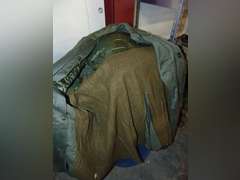 Group: Military winter coat & pants, frame/harness for a AN/PRC-77 portable radio, & other SEE PICS