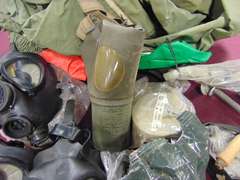 Group misc: gas masks, protective suit & other items SEE PICS