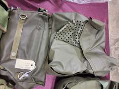 5 empy gas mask bags (some have contents, no masks) -- US, Polish, Korean, Swiss & other