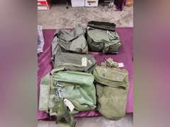 5 empy gas mask bags (some have contents, no masks) -- US, Polish, Korean, Swiss & other