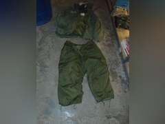 Group: Military winter coat & pants, frame/harness for a AN/PRC-77 portable radio, & other SEE PICS