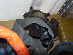 Group misc: various gas masks, measuring tape reel, filters & other items SEE PICS