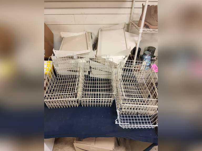 Large group of wire baskets, metal shelves