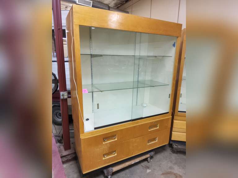 Wood 2 pc display cabinet with 4 drawers (dolly NOT included) approx 60" x 24" x 82"