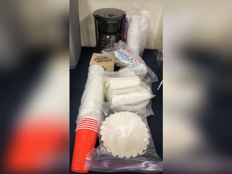 Coffee pot, cups, filters, napkins & other