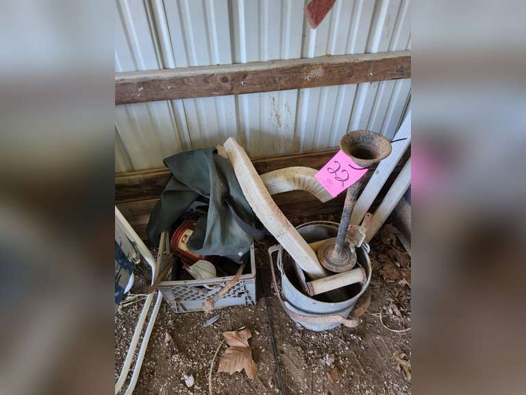 Group: antique wash bucket with ringer, horn, gutter pcs & other SEE PICS