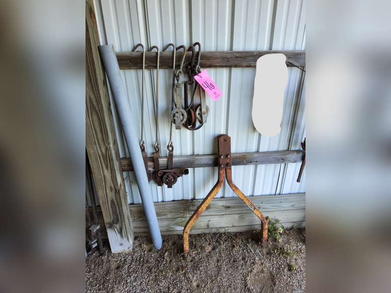 Group of misc: chain with hooks, pulleys & other SEE PICS