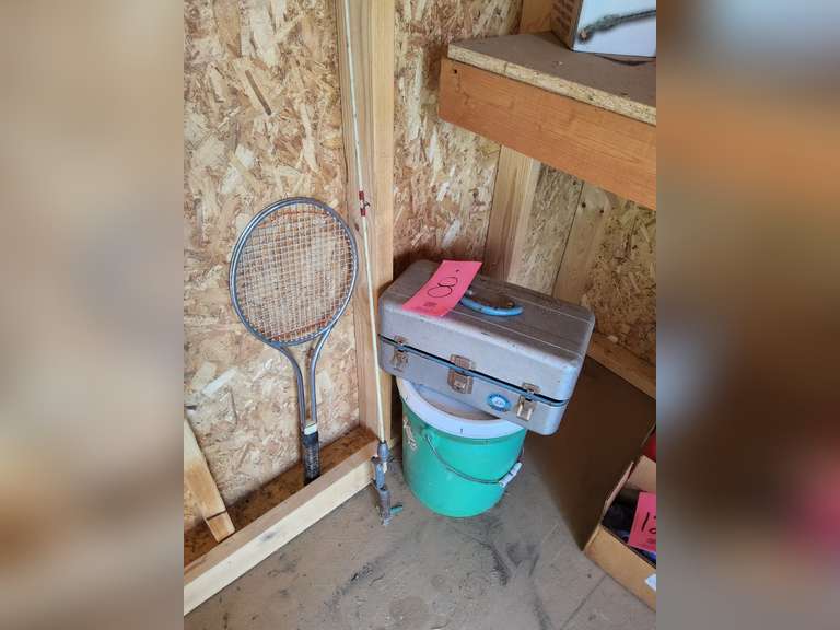 Tackle box, fishing pole (no reel), racket, bucket