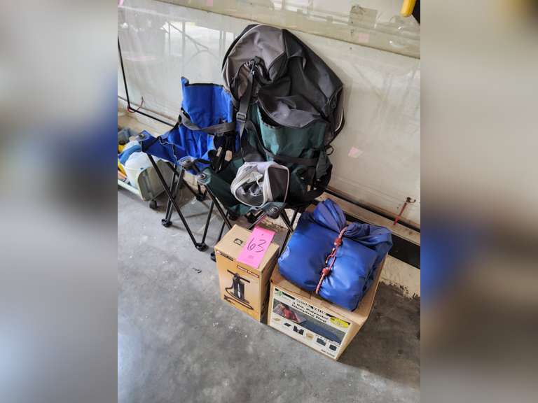 2 camp chairs, sleep bag, air mattress, hand pump & other