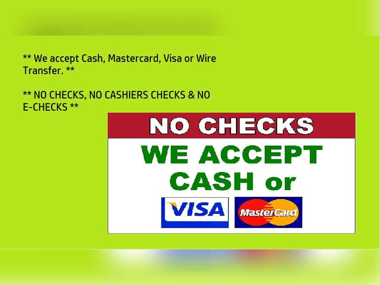 **CASH, MASTERCARD OR VISA ONLY** NO CHECKS ** NO CASHIERS CHECKS ** WE DO ACCEPT DIRECT WIRE TRANSFERS ** IF YOU WISH TO PAY CASH YOU MUST LET US KNOW PRIOR TO THE AUCTION CLOSING. EMAIL US OR CALL THE OFFICE AT 913-441-1557 ** ALL CARDS ON FILE WILL BE CHARGED THE MORNING OF THE REMOVAL BEFORE 9 AM. MAKE SURE THE CARD YOU HAVE ON FILE IS A VALID MASTERCARD OR VISA **