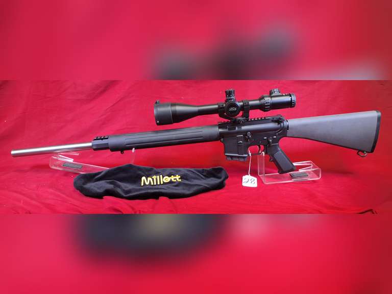 DPMS Panther Arms Mod: A-15, 223 -5.56 cal semi auto rifle, Ser#: FH100686 , 24-1/2" target brl, unfired, 1 mag, Millett 4-16x50 tactical scope, fixed butt stock, 98%
