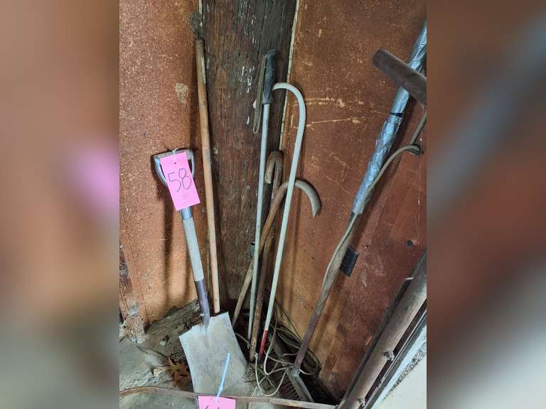 Group: shovel, canes, push broom & other