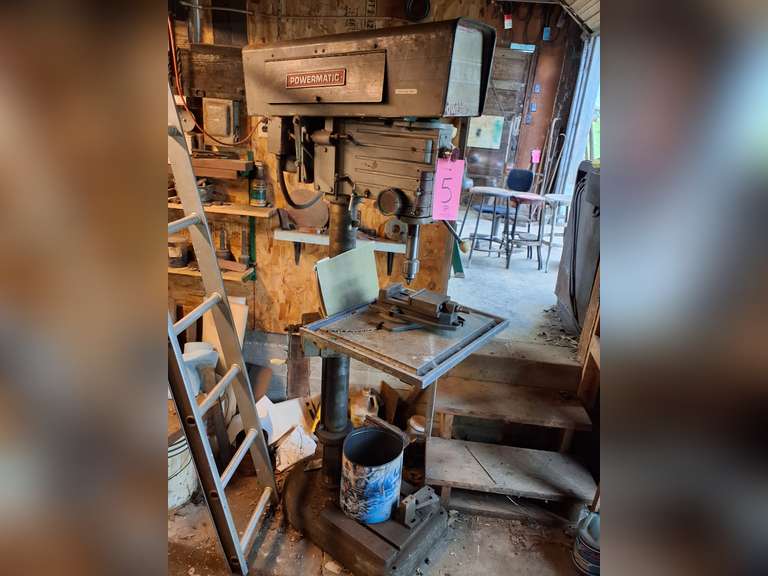 Powermatic floor drill press with various different drill bits, BUYER RESPONSIBLE FOR UNHOOKING & CAPPING ELECTRICAL, ETC. BRING YOUR TOOLS & HELP TO LOAD