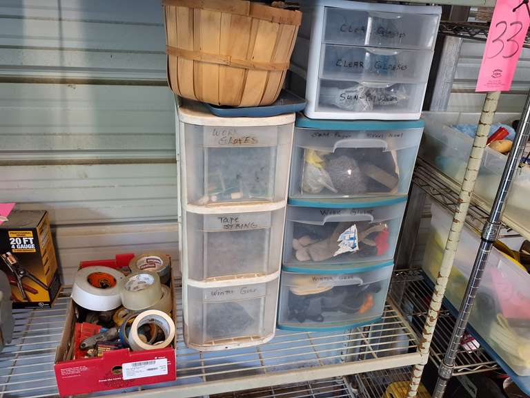Sorter bins WITH contents, flat of various tape, saftey glasses, new and used gloves & other misc SEE PICS