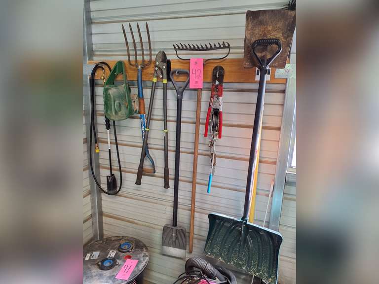 Group: weed burner, snow shovel, shovels, rake, scraper, cutters, fork & other