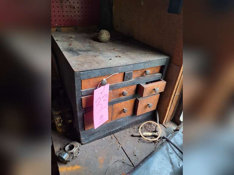 Wood sorter bin with contents: parts, other SEE PICS