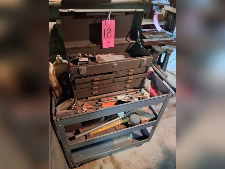 Small shop cart with metal toolbox & contents SEE PICS