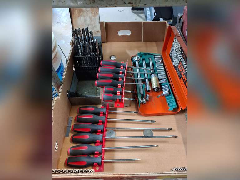 Flat of tools: screw drivers, drill bits, ratchet & sockets SEE PICS