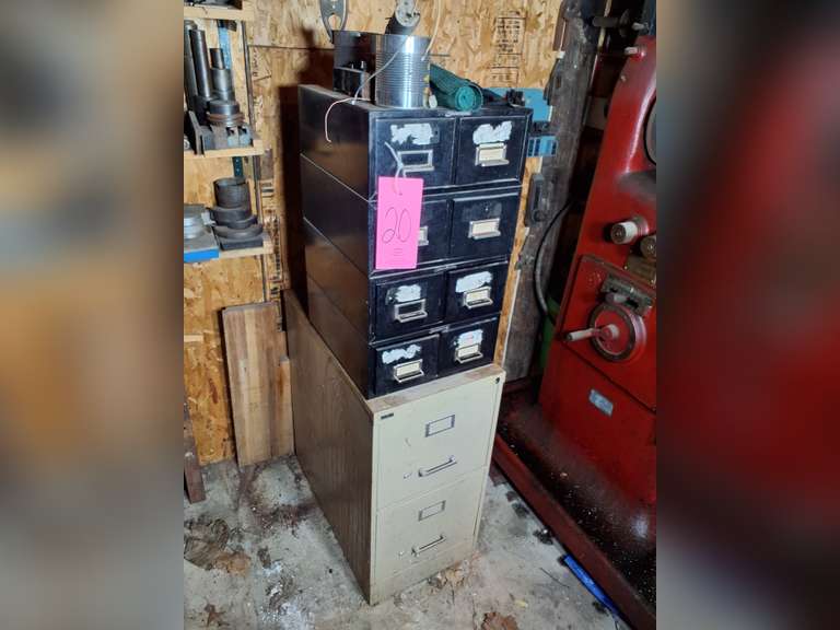 Metal sorter bins & a 2drawer metal file cabinet with some contents SEE PICS