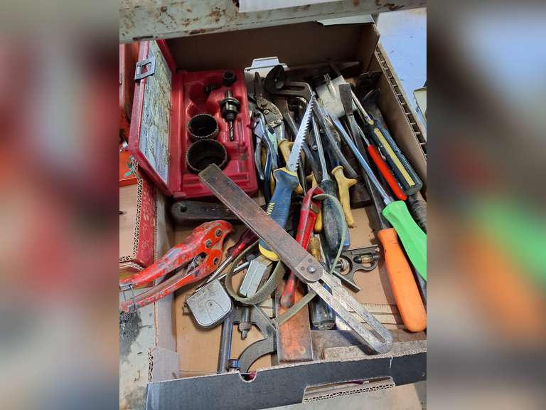 Flat of various tools: screw drivers, pliers, hole saws, squares & other SEE PICS