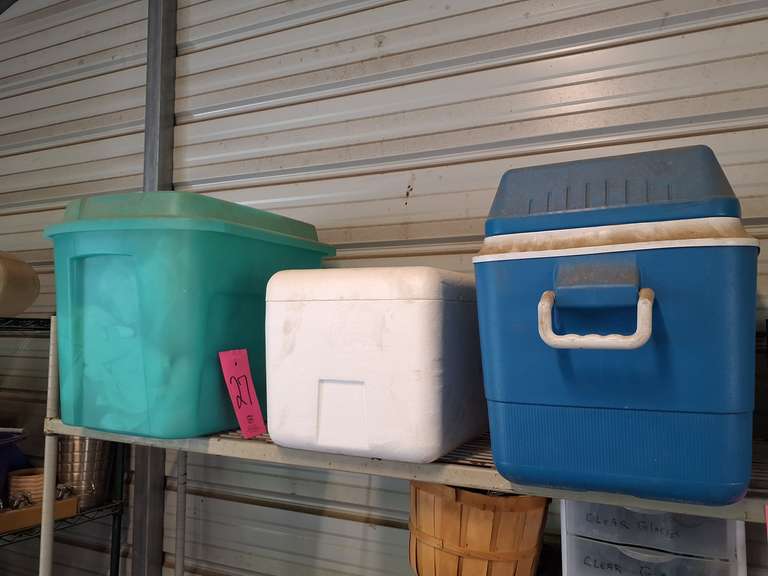 2 coolers & tote, tote has painting drop cloths SEE PICS
