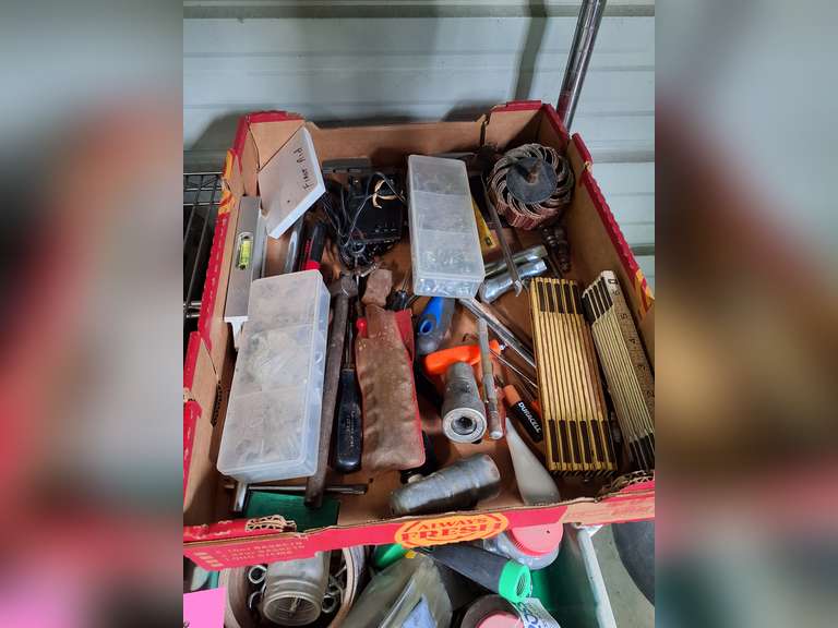 Flat of various hand tools, fasteners & other