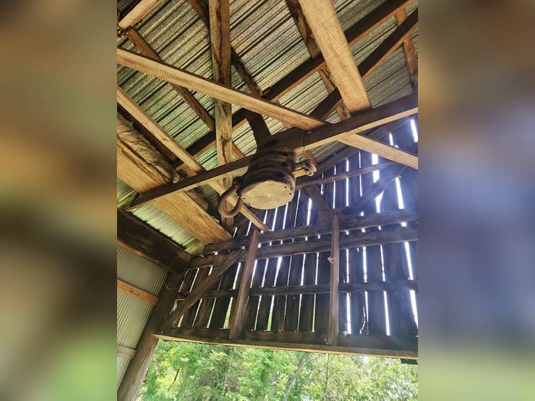 VERY LARGE 3 wheel wooden pully ( mounter in rafters bring ladders or loader)