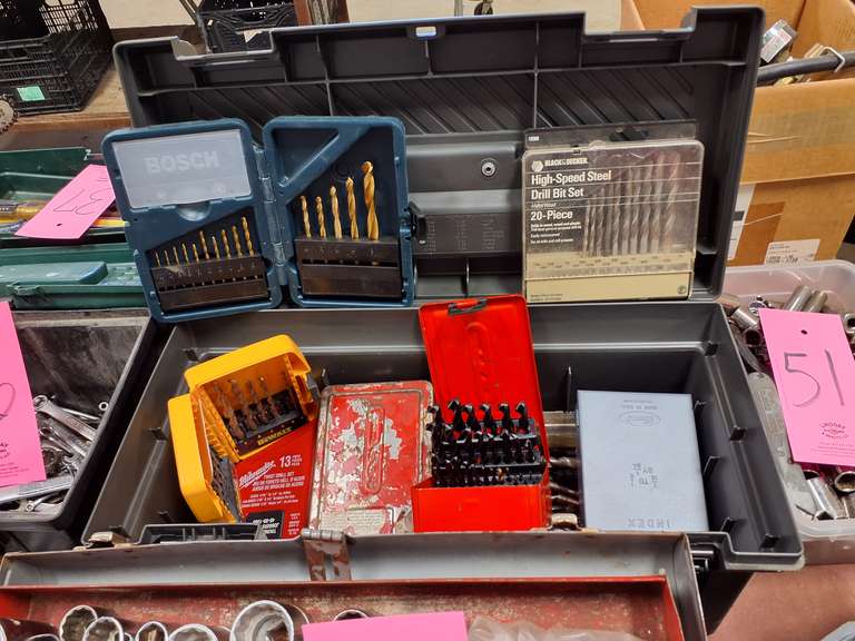 Plastic tool box with various different drill bits SEE PICS
