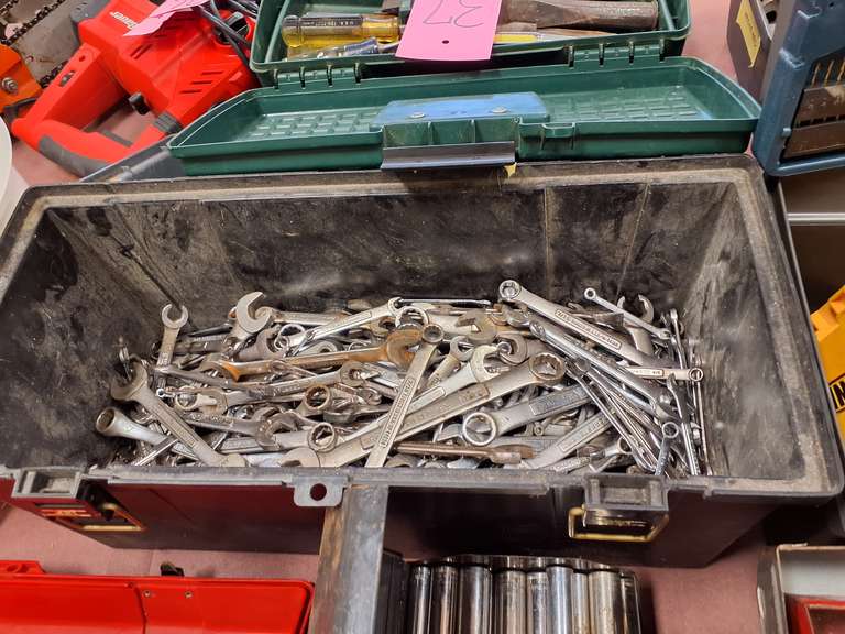 Plastic tool box with misc wrenches (believe to be mostly Craftsman) SEE PICS