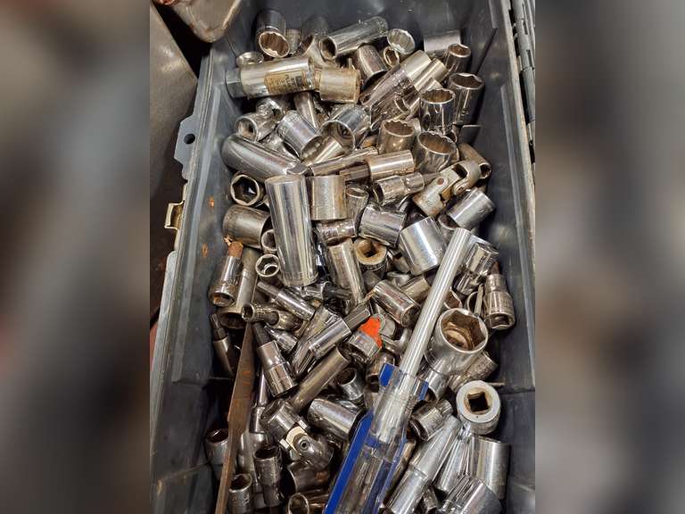 Plastic tool box with misc sockets (believe to be mostly Craftsman) & other tools