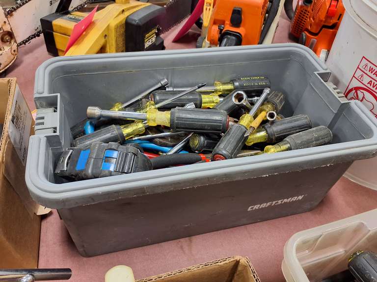 Plastic tool box with various size nut drivers, tape measure, & other tools SEE PICS