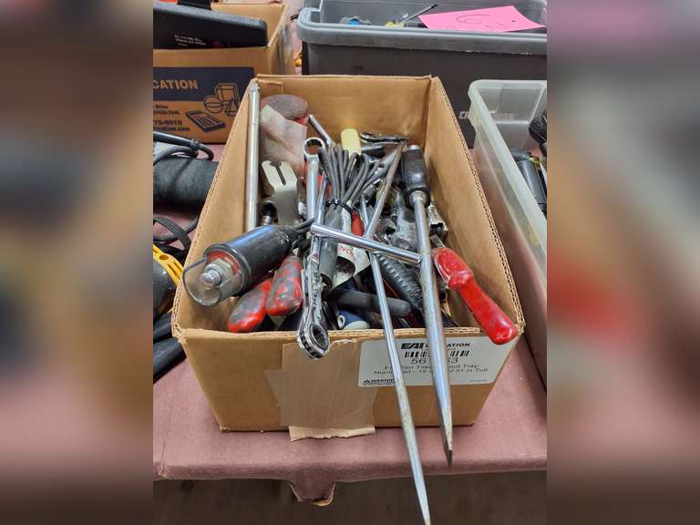Box of misc tools: wrenches, sockets, mallet, & other SEE PCIS