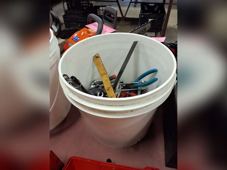 Bucket of misc tools, sockets, wrenches & other SEE PICS