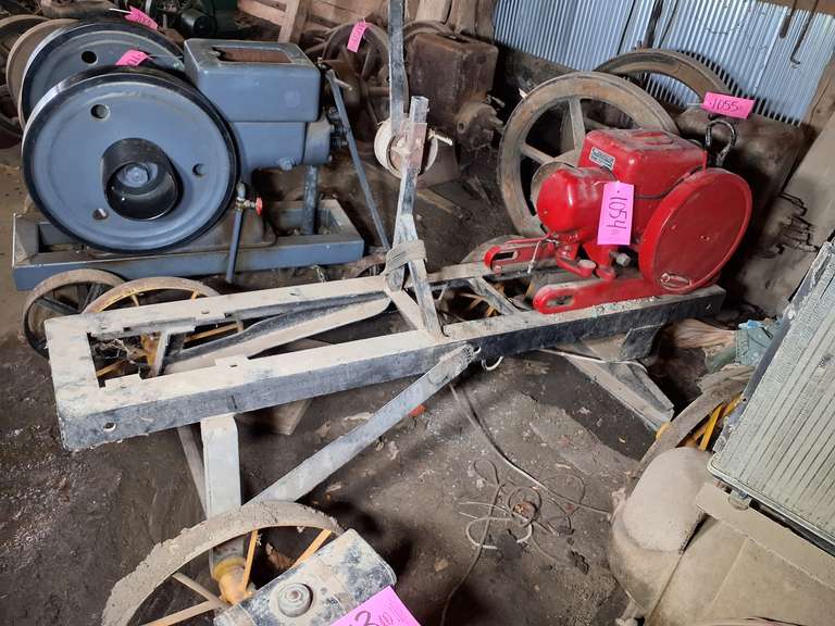 International hit miss engine 1.5 to 2.5 HP #LB engine, #136795, 14.5" fly wheel, pulley mounted on 4 wheel trolley cart