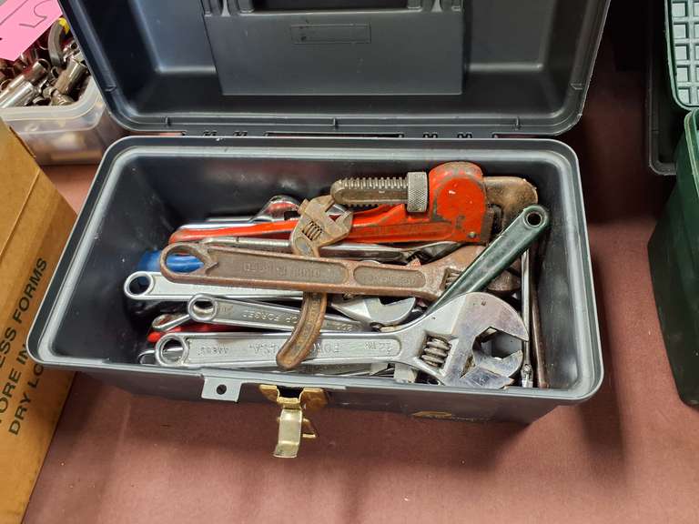 Plastic tool box with pipe wrench, adj. wrenches & other