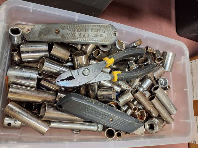 Bin of misc sockets (believe to be mostly Craftsman) & other tools