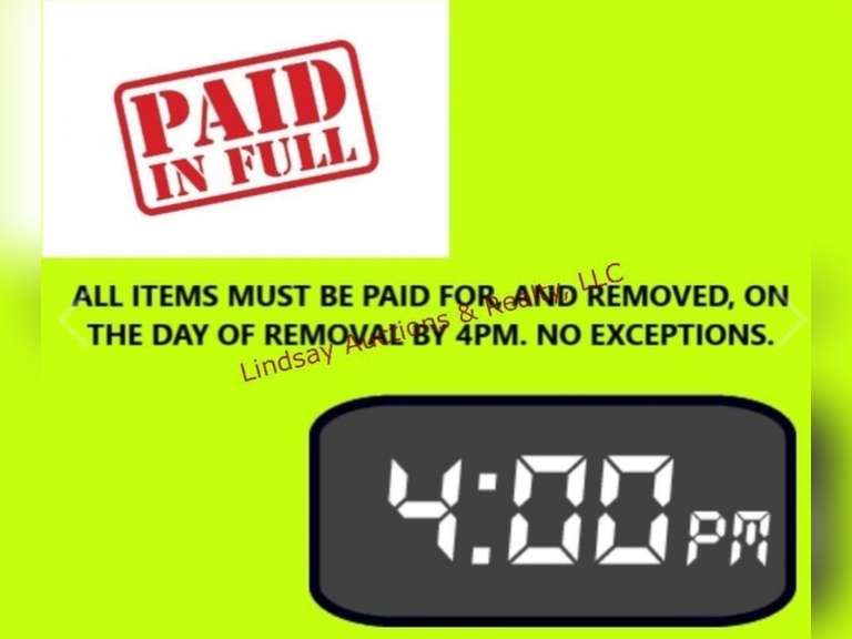 ALL ITEMS MUST BE PAID FOR, AND REMOVED ON THE 1ST DAY OF REMOVAL. No Exceptions. Failure to pay and remove items, or contact us prior to the day the auction is closing will result in loss of your items. If for some reason you are unable to pick up items on removal day you MUST contact us BEFORE the day the auction CLOSES to set up arrangements.