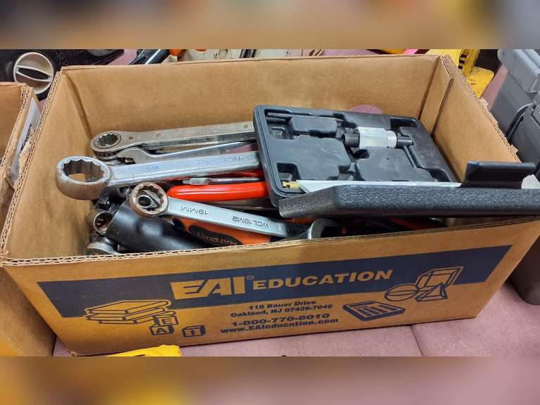 Box of misc tools: wrenches, pliers & other (Matco & other)