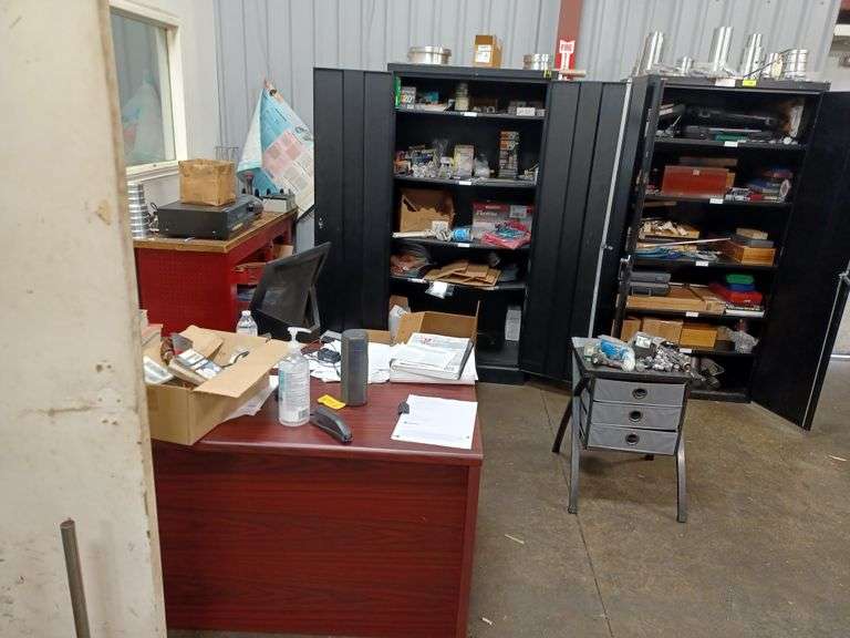 CORNER WORK AREA COMPONENTS OF TOOLING GAUGES, TIME CLOCK, TOOL BOX, DESK AS PHOTOGRAPHED